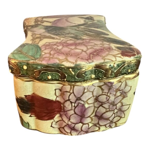 Chinese Porcelain Trinket Box 5"x3"x2.5" Pink Flowers & Birds Gold Trim Lacquer - Picture 6 of 11